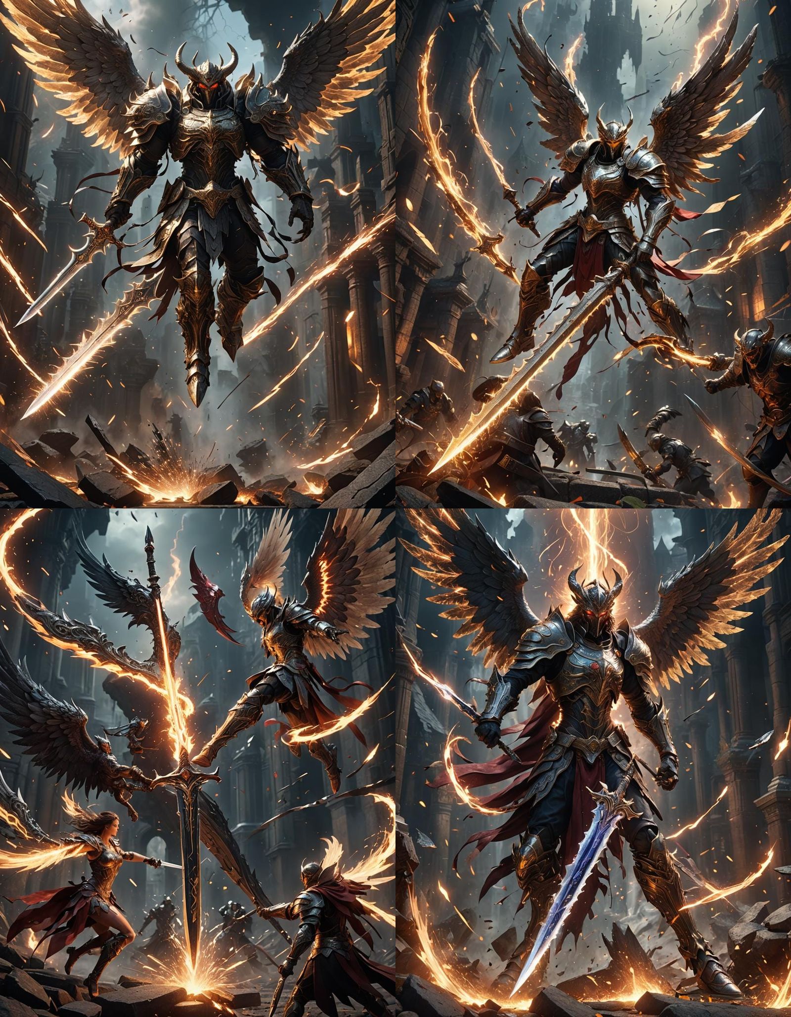an angel's blade clashes with the demon's blade in the cente...