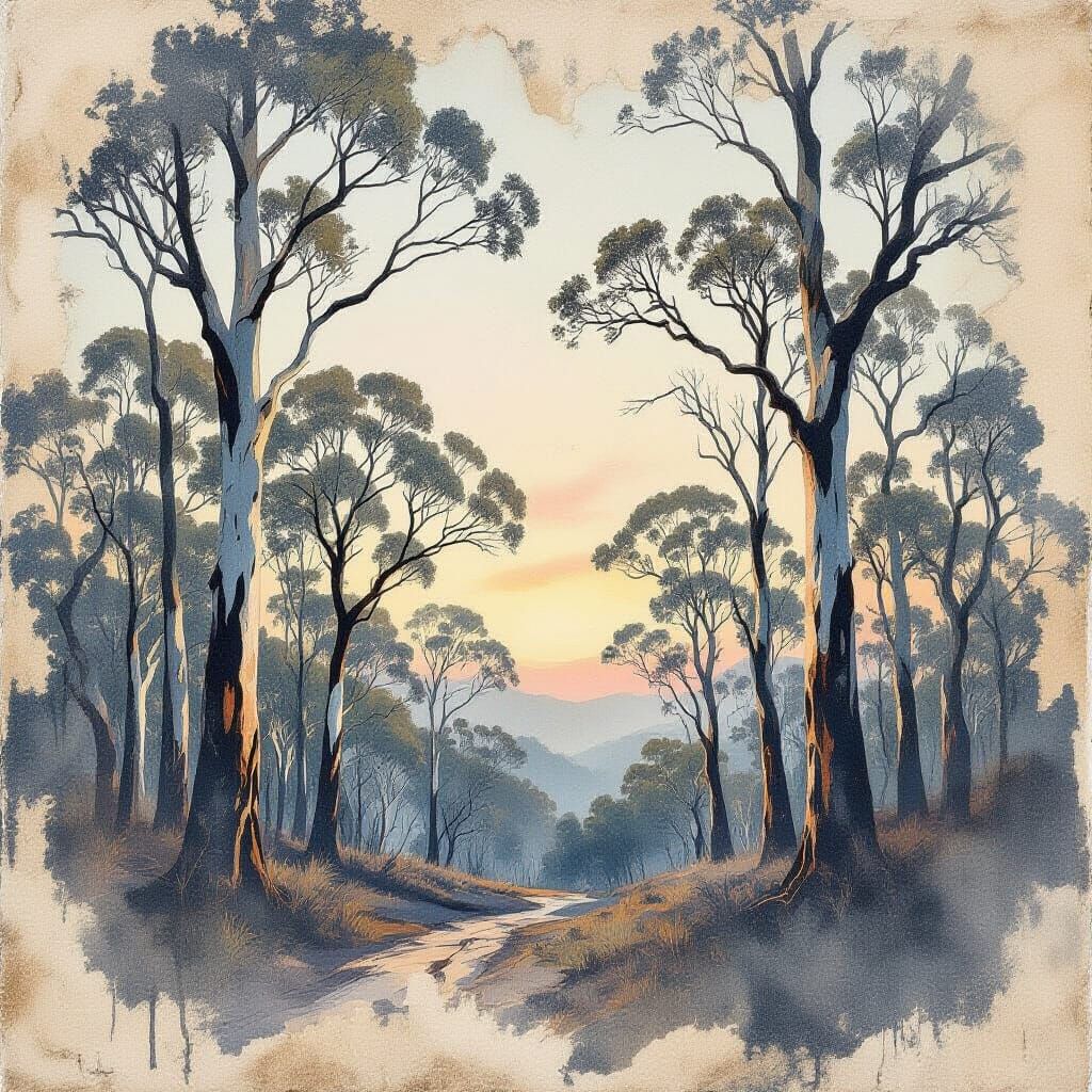 Ethereal Aussie Forest at Dusk in Mixed Media Style