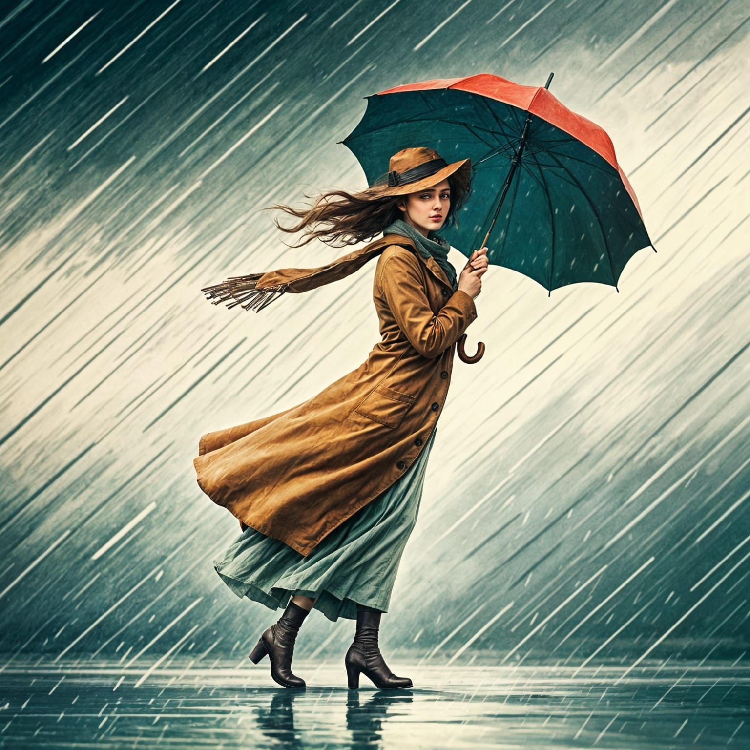 Whimsical Woman in Rainstorm: Watercolour Painting