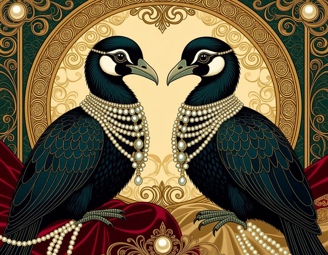 Dodo Birds Crafting Beaded Jewelry in Art Nouveau Style