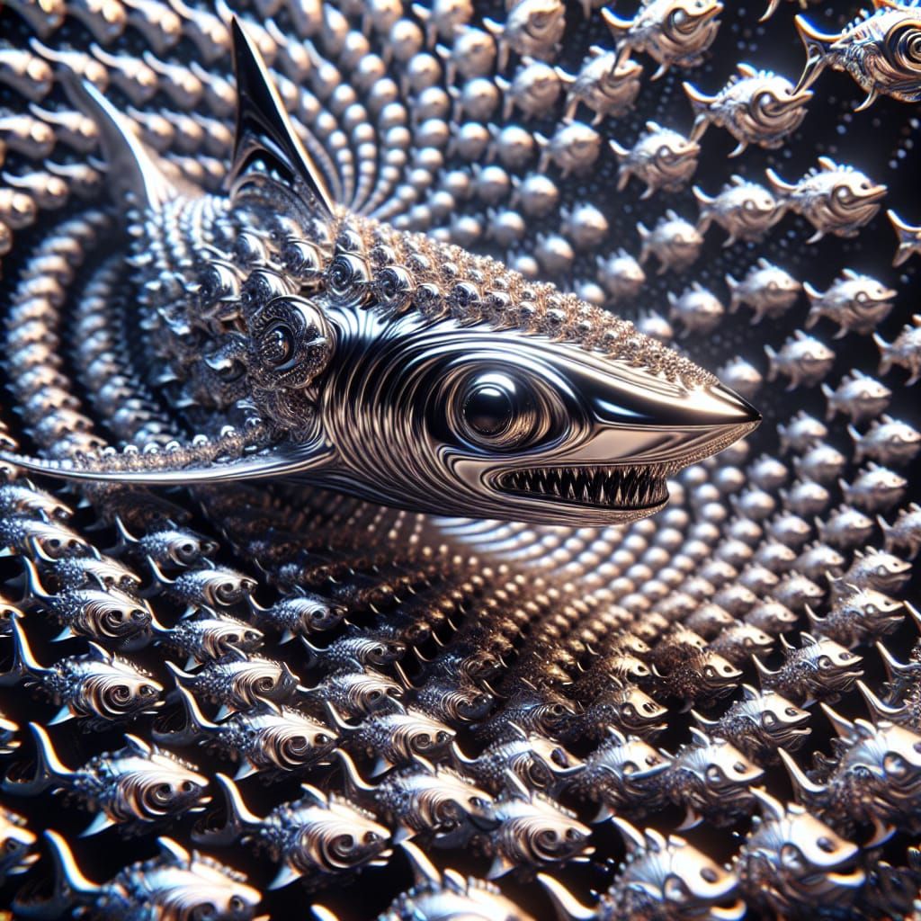 School of Fish Swirling Around Chrome Shark