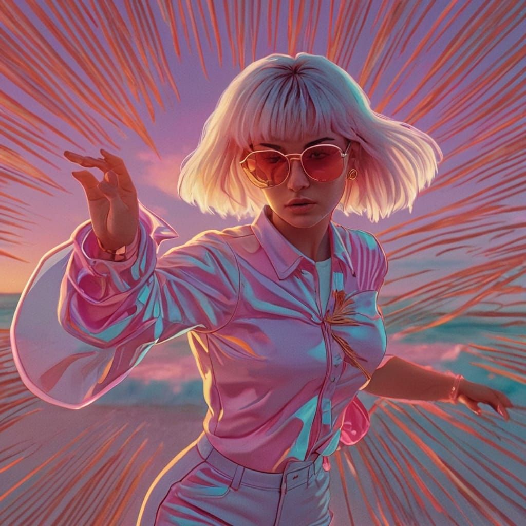 Vaporwave Girl on Hawaii Beach at Sunset