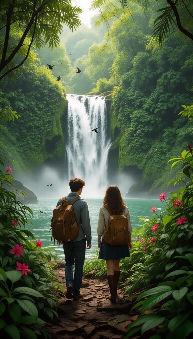 Explorers Discovering Hidden Jungle Waterfall in Photorealis...