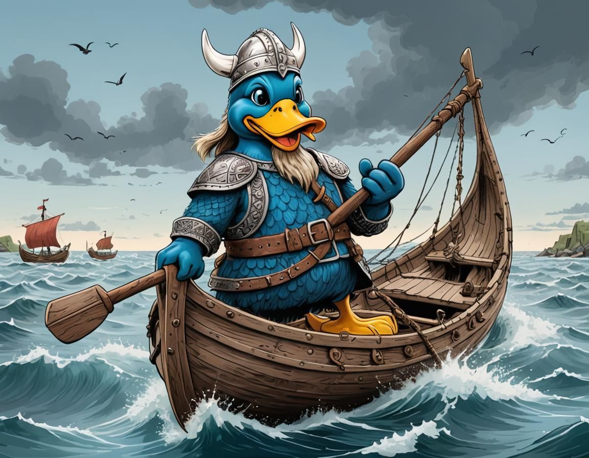Swedish Blue Duck Viking on Longboat Cartoon