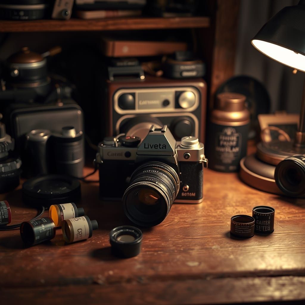 Still Life of Vintage Camera and Film in Earthy Tones