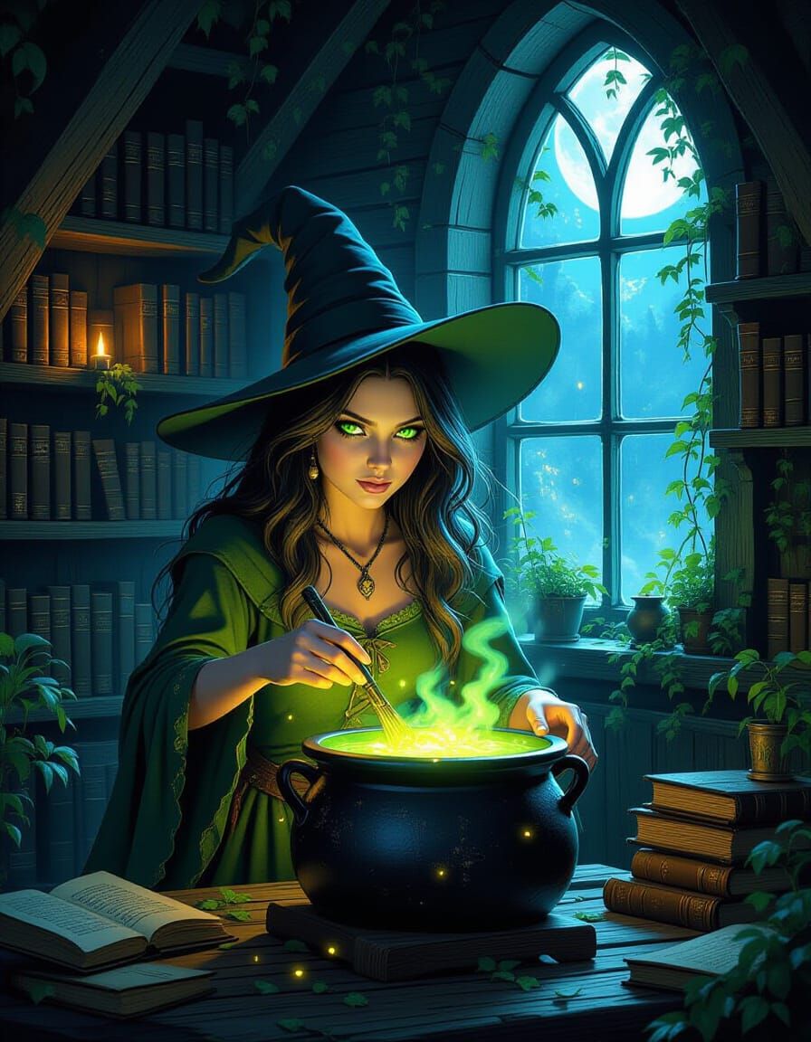Witch Brewing Magic in Crooked Cottage