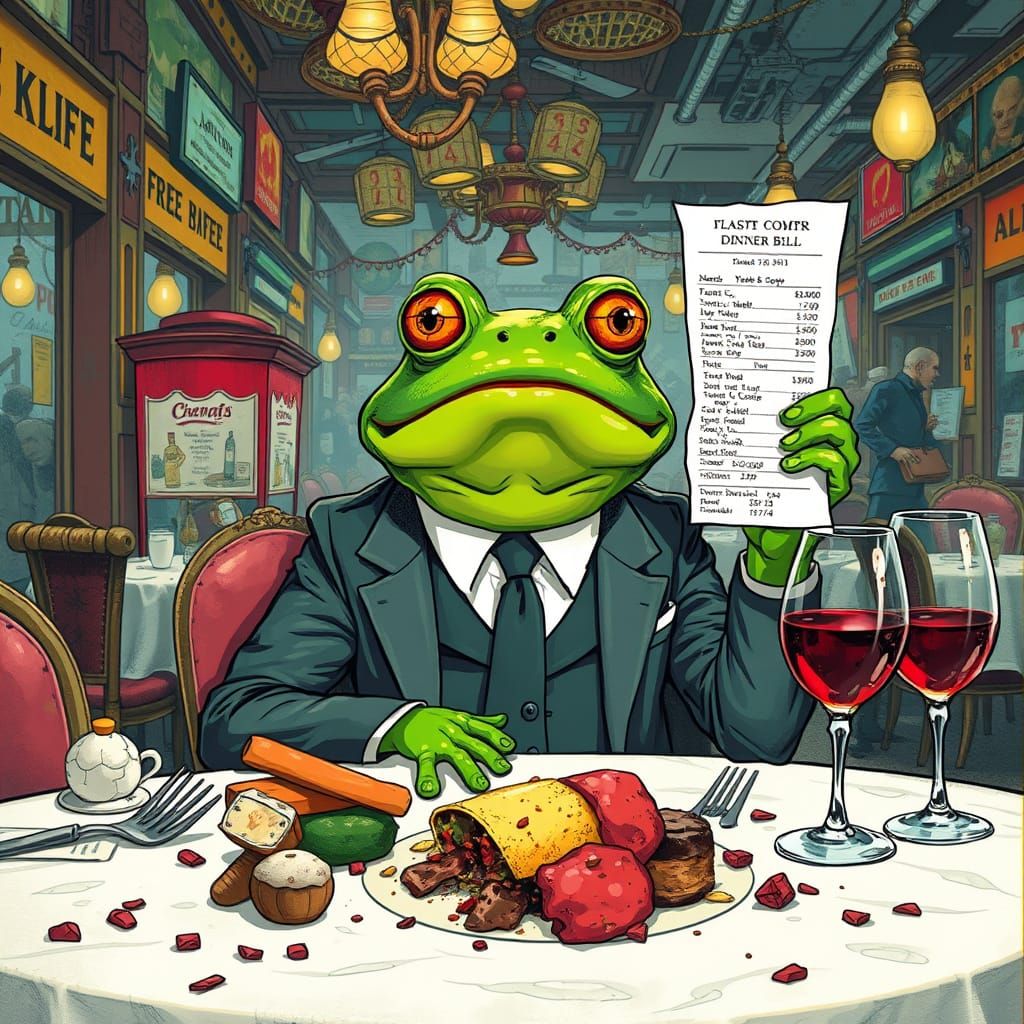 Shocked Frog Businessman at Restaurant, Detailed Illustratio...
