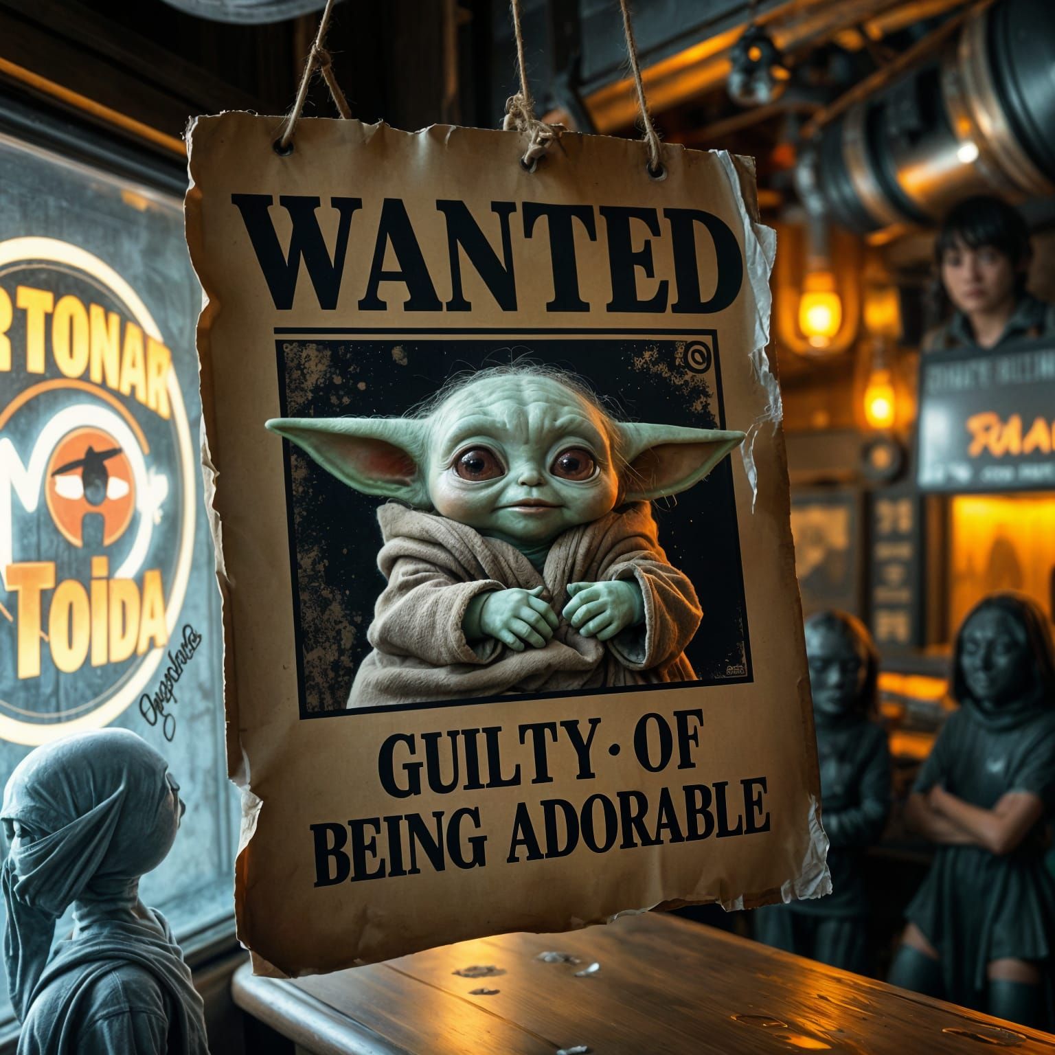 Baby Yoda Wanted Poster in Retro-Futuristic Style