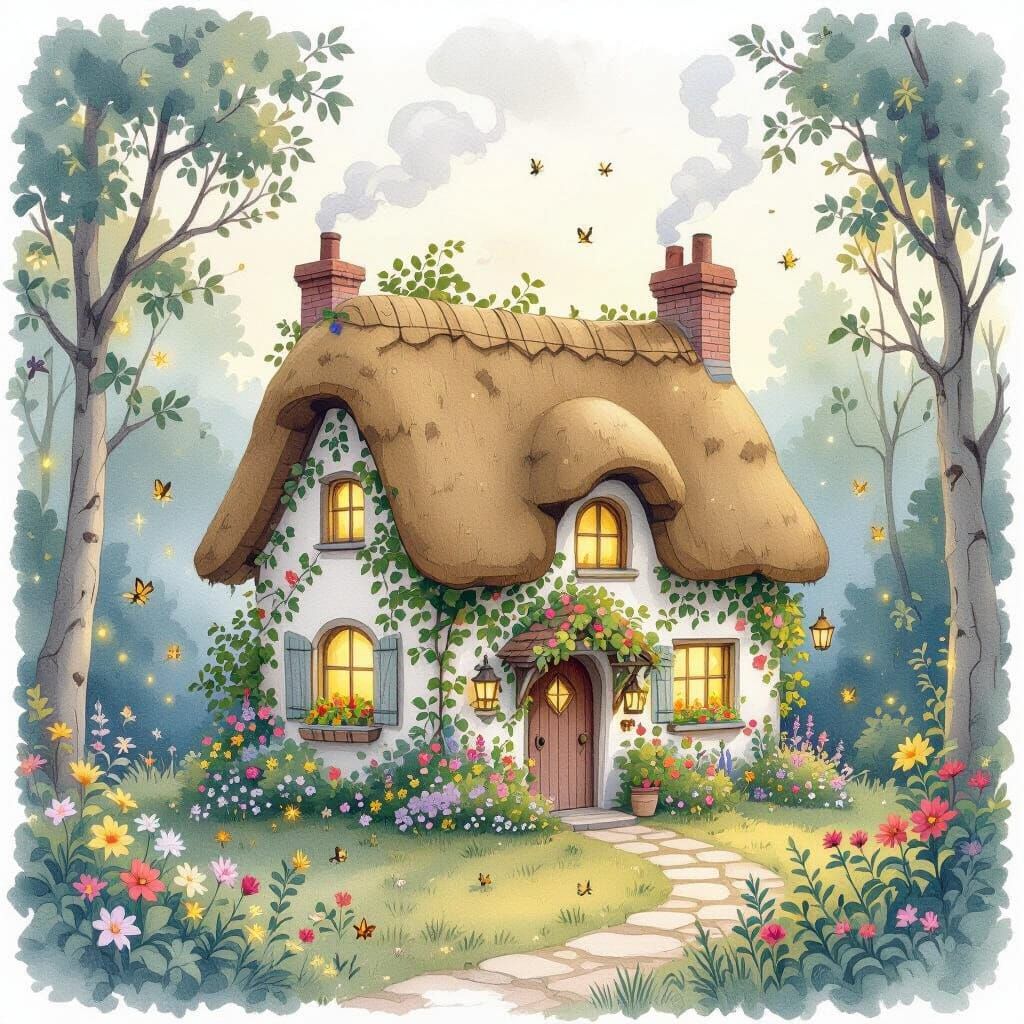 Enchanted Forest Cottage in Watercolor Style