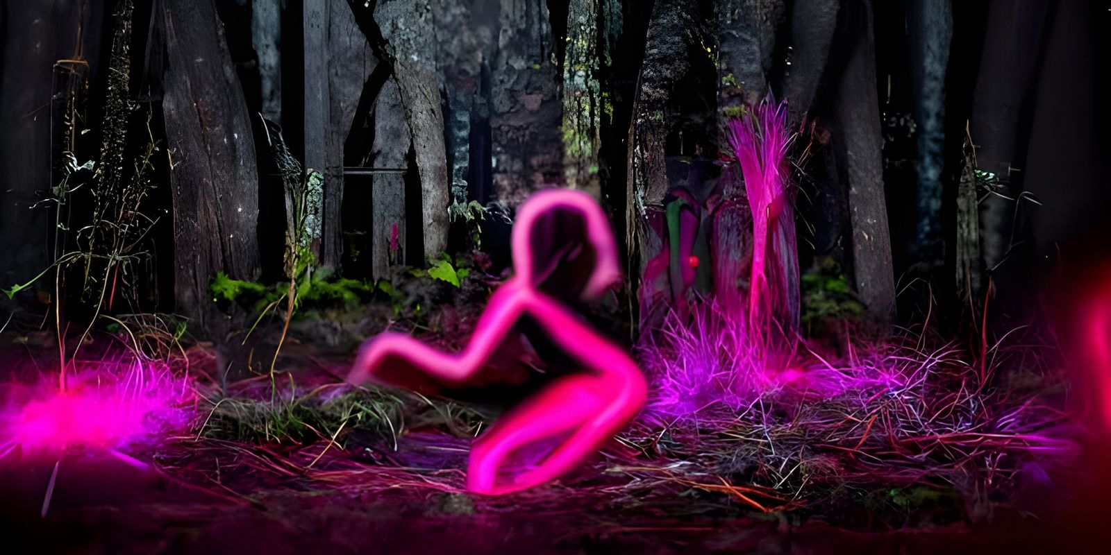 Hot pink neon human figure in a dark forest long exposure photography hyper realistic light painting neon palette Eric s...