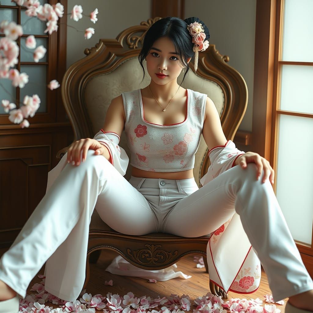 Geisha in Modern Attire with Cherry Blossoms