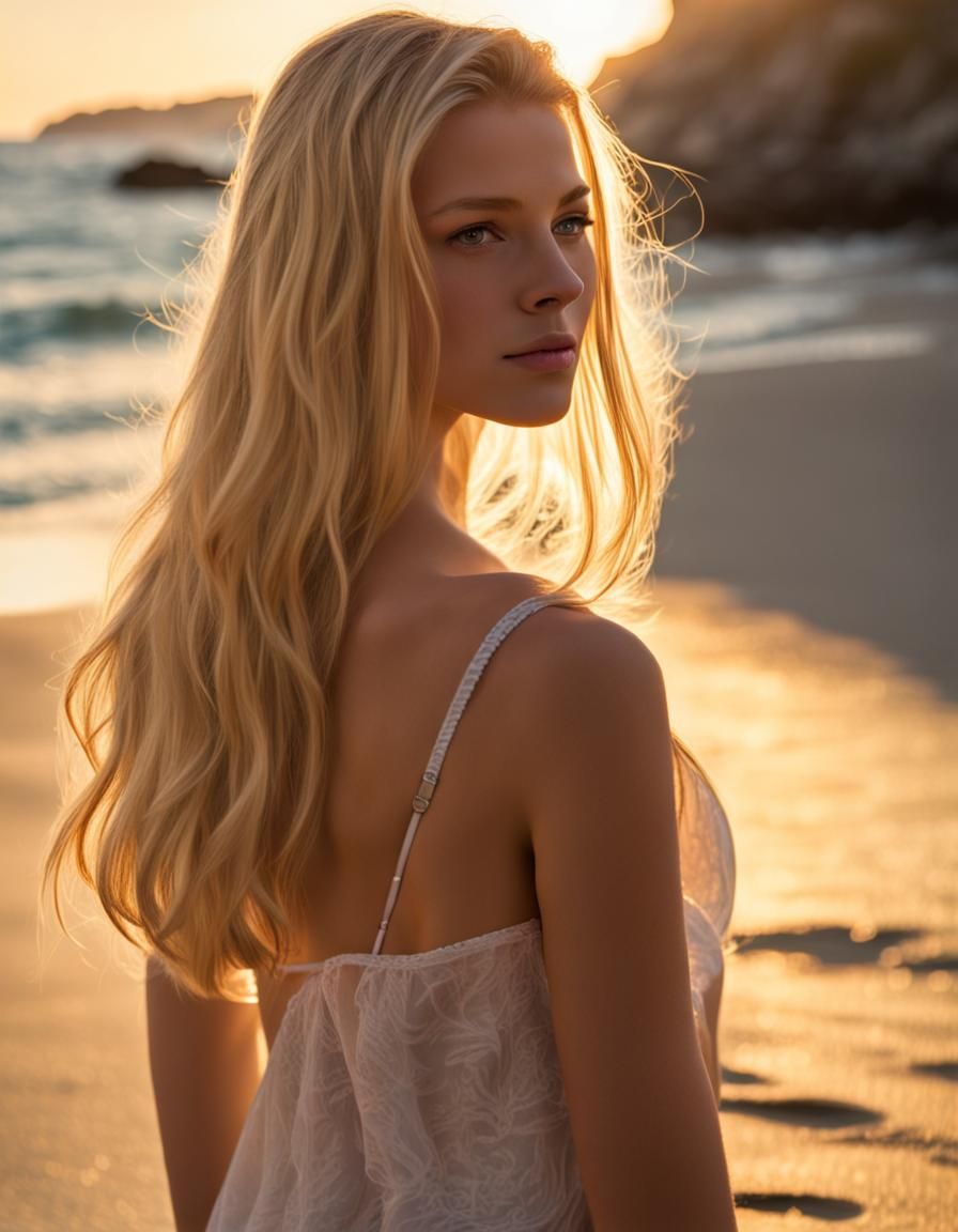 Blond Woman on Beach at Golden Hour