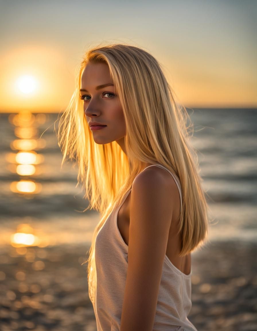 Blonde Woman on Beach at Golden Hour