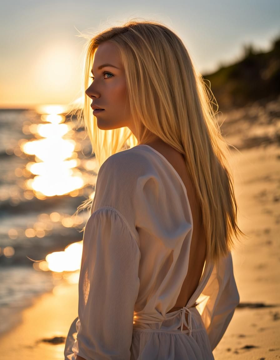 Blond Woman on Beach at Golden Hour