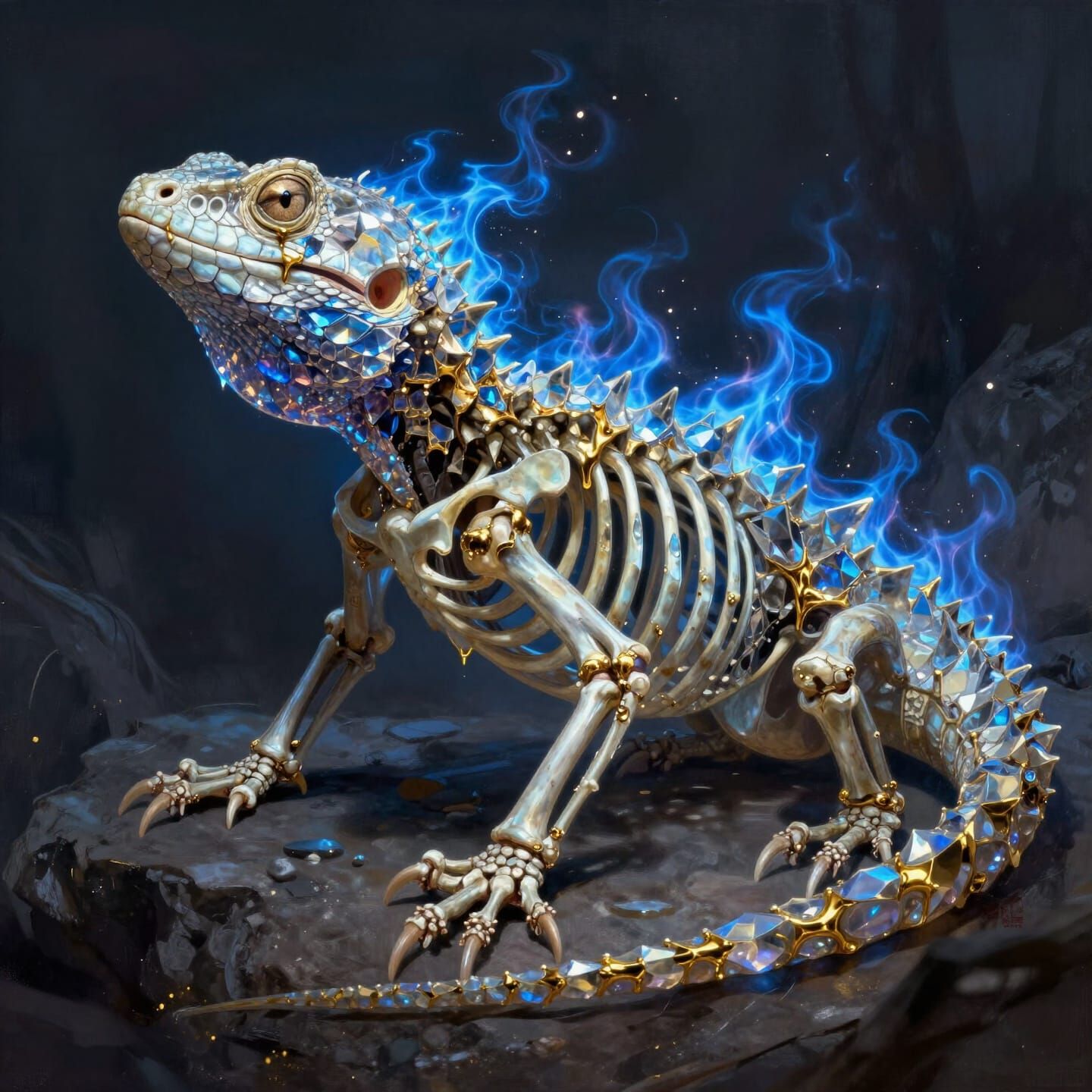 Skeletal Crystal Lizard with Blue Fire and Gold Drips