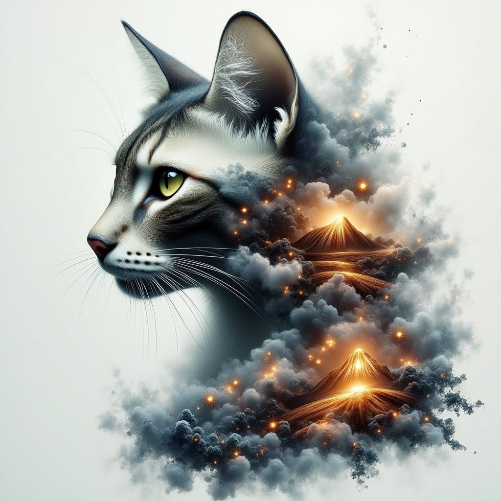 Ethereal Feline Landscape in Dreamy Collage Art Style