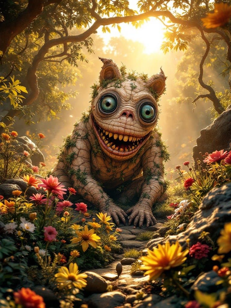 Grotesque Anthropomorphic Creature in a Floral Landscape
