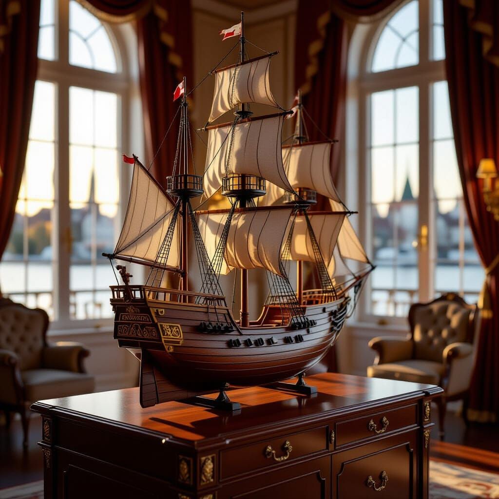 1600s Sailing Ship Model in Opulent Room
