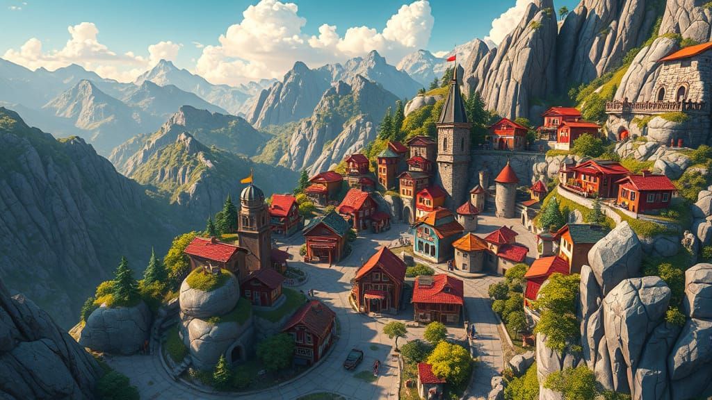 Vibrant Mountain Village in Hyper-Realistic Style