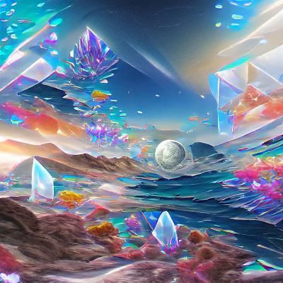 Holographic Crystal Ocean: Cosmic Mixed Media Illustration