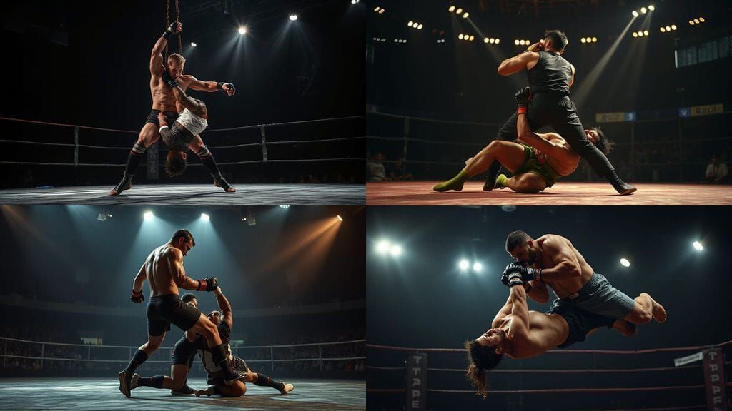 Wrestler Slams Opponent in Dramatic Arena Lighting