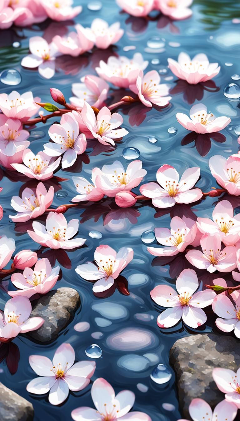Serene Cherry Blossom Pool Watercolor Painting