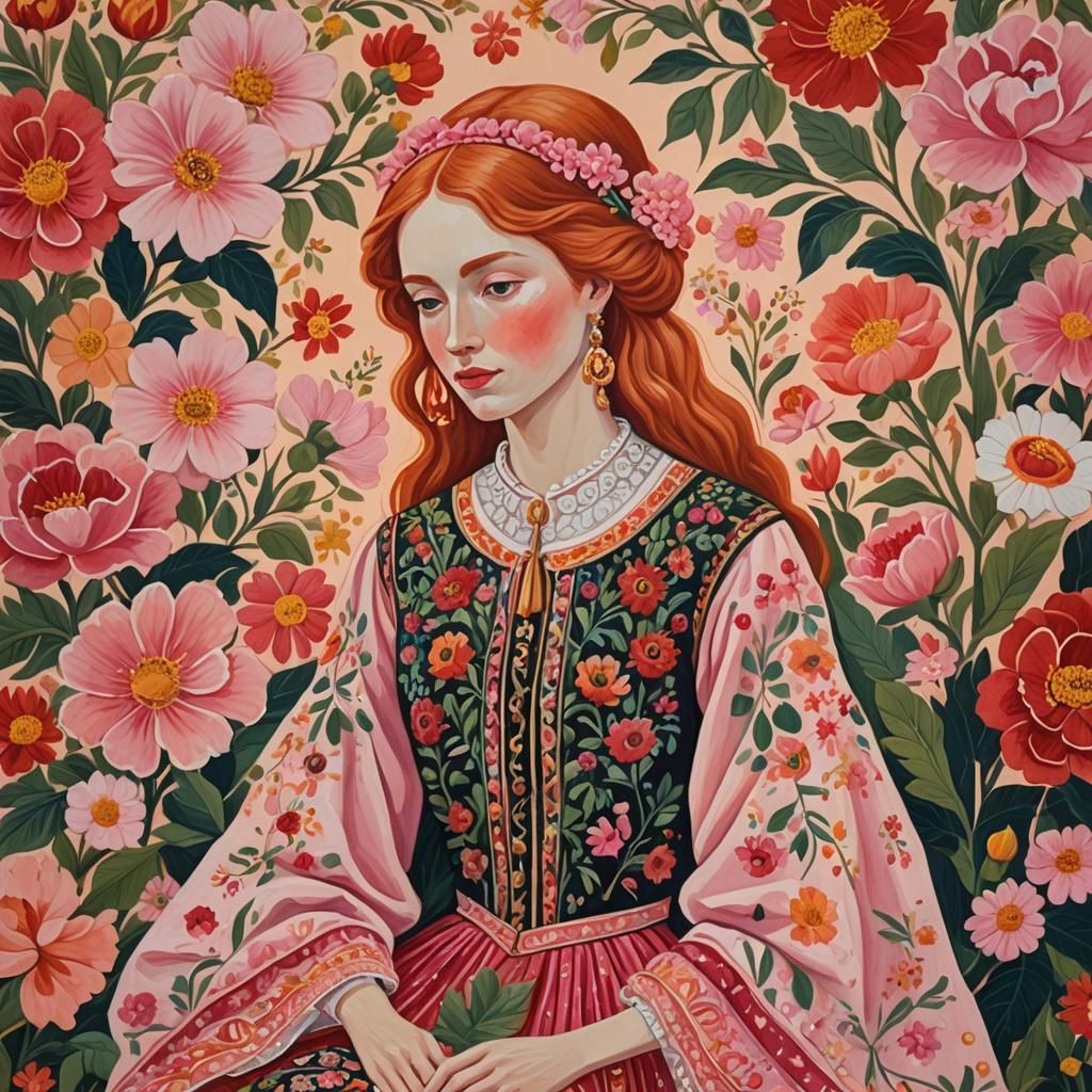 Redhead in Folk Style Floral Gouache Painting