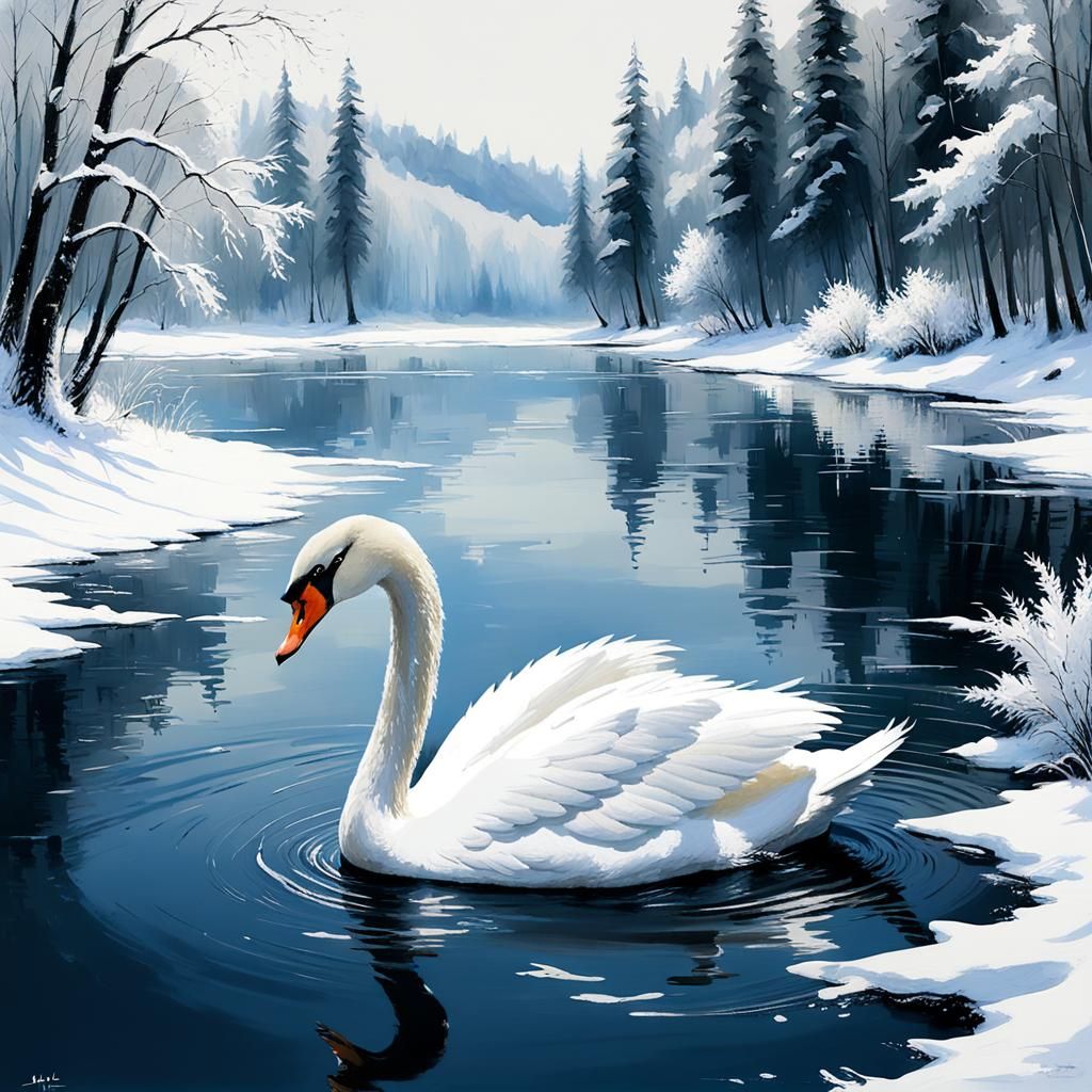 White Swan in Winter Wonderland: Oil Pastel Painting