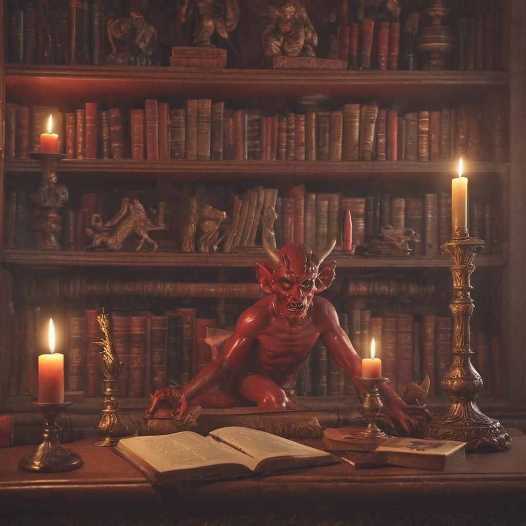 A photorealistic hyperrealistic image of an enameled glass red devil setting on a bookshelf surrounded by ancient evil b...