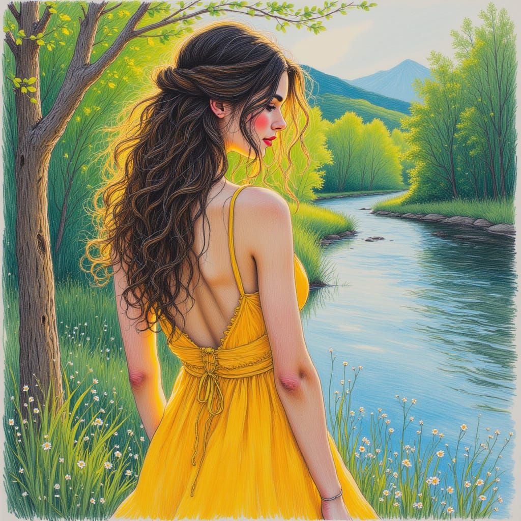 Woman in Yellow Sundress by River in Crayon Style