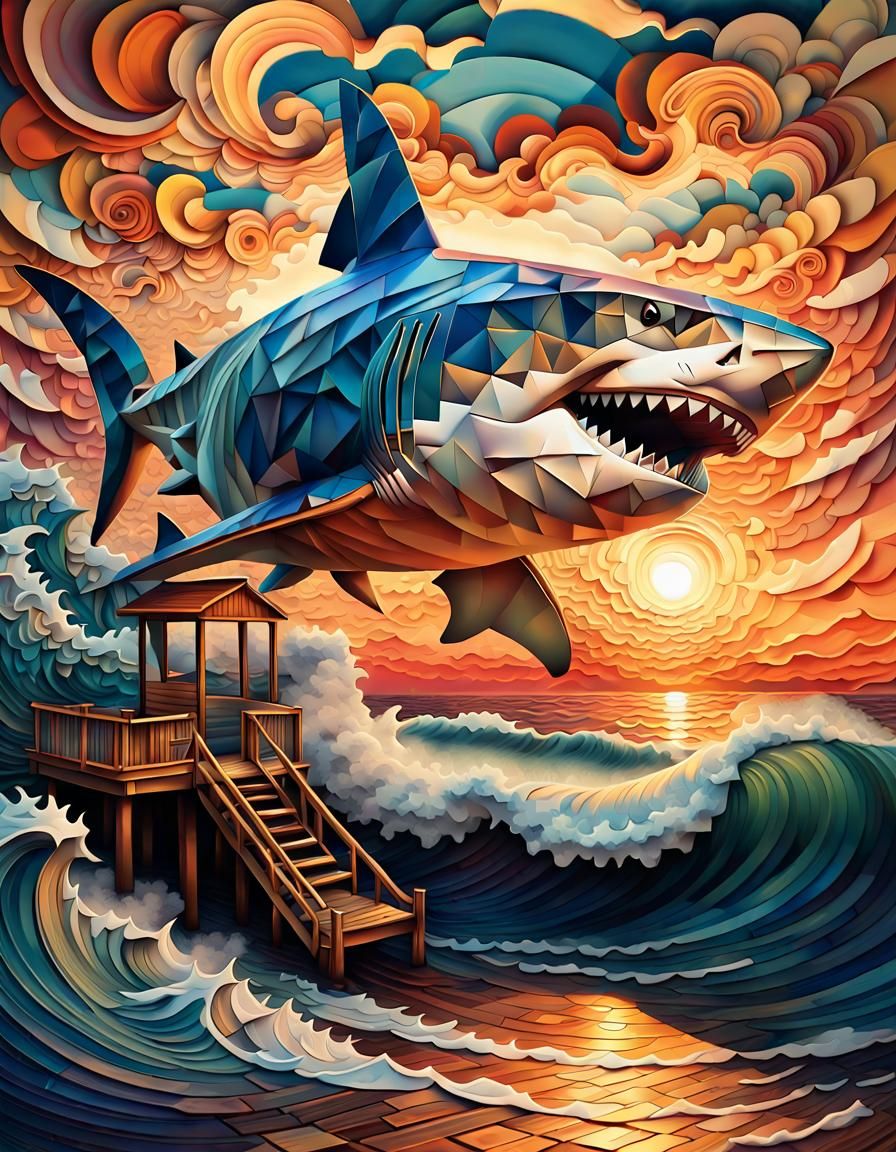 Giant Shark Crushes Dock in Expressionist Sunset