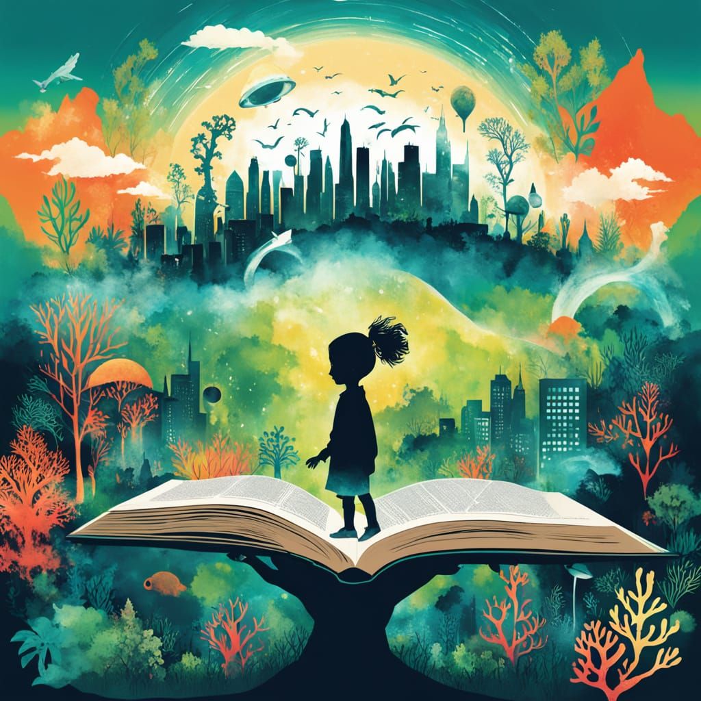 Child Reading Book in Double Exposure Art