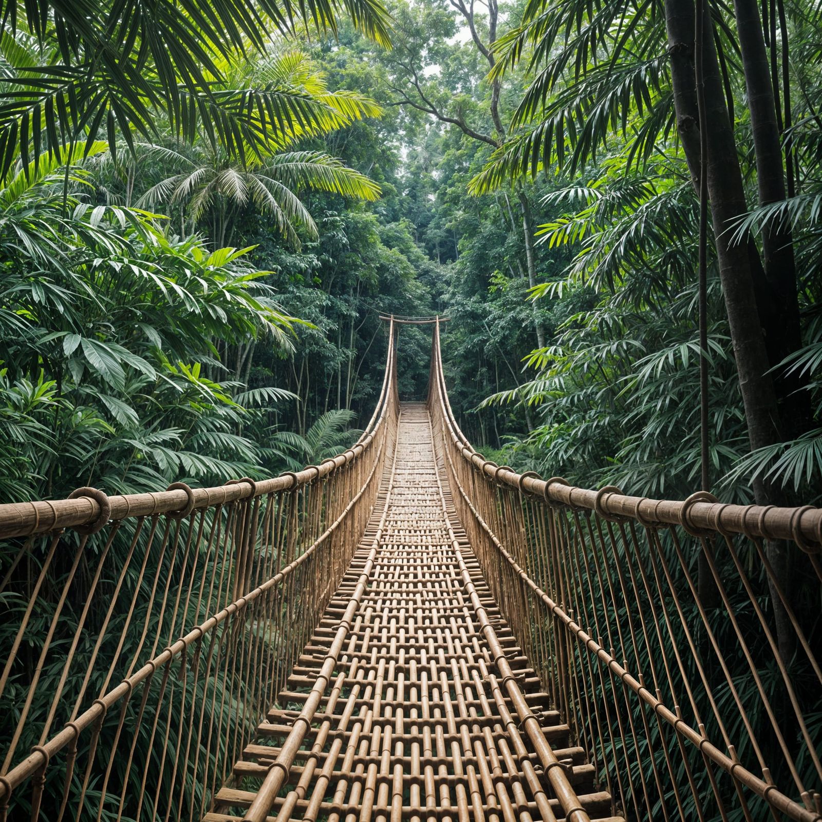 Handmade Bamboo Bridge in Tropical Forest