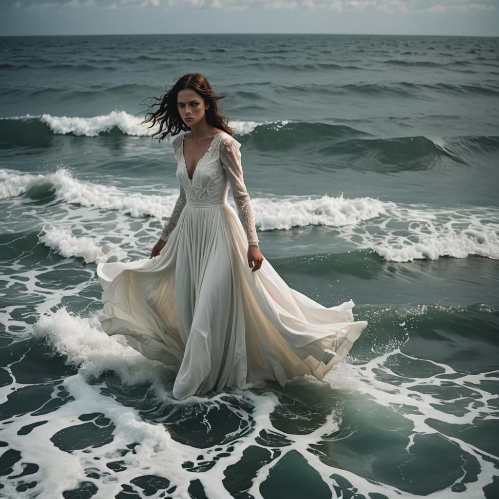 Ethereal White Dress in Ocean, Dark Fantasy