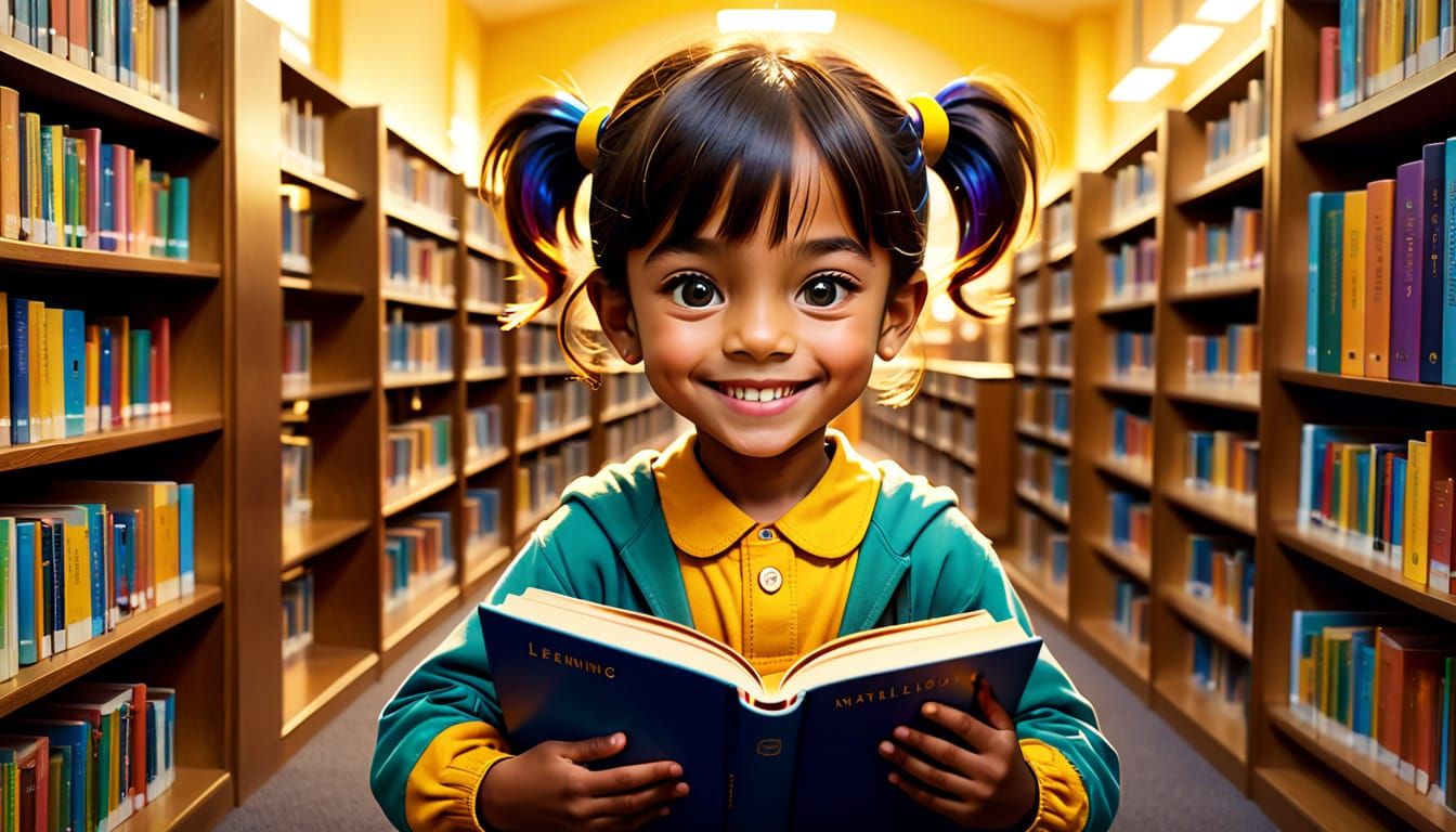 Child Reads Book in School Library with Joy and Wonder