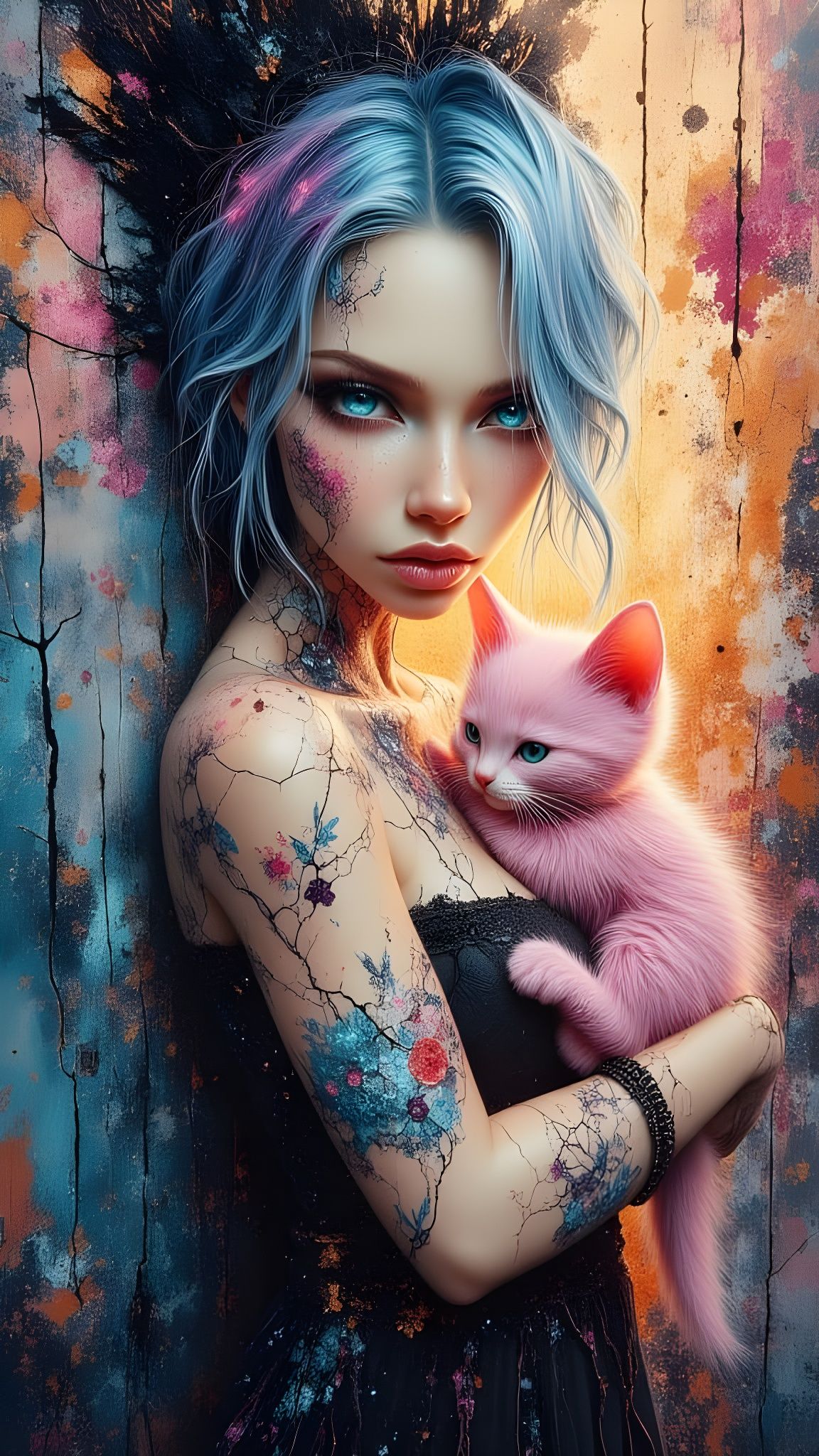 Anime Witch with Kitten in Graffiti Punk Style