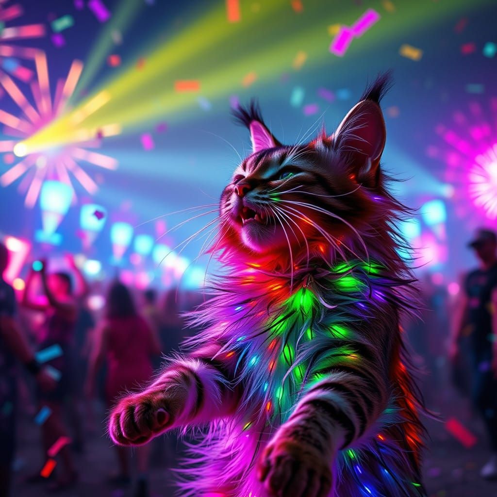 Neon Whiskered Cat in Futuristic Dance Party
