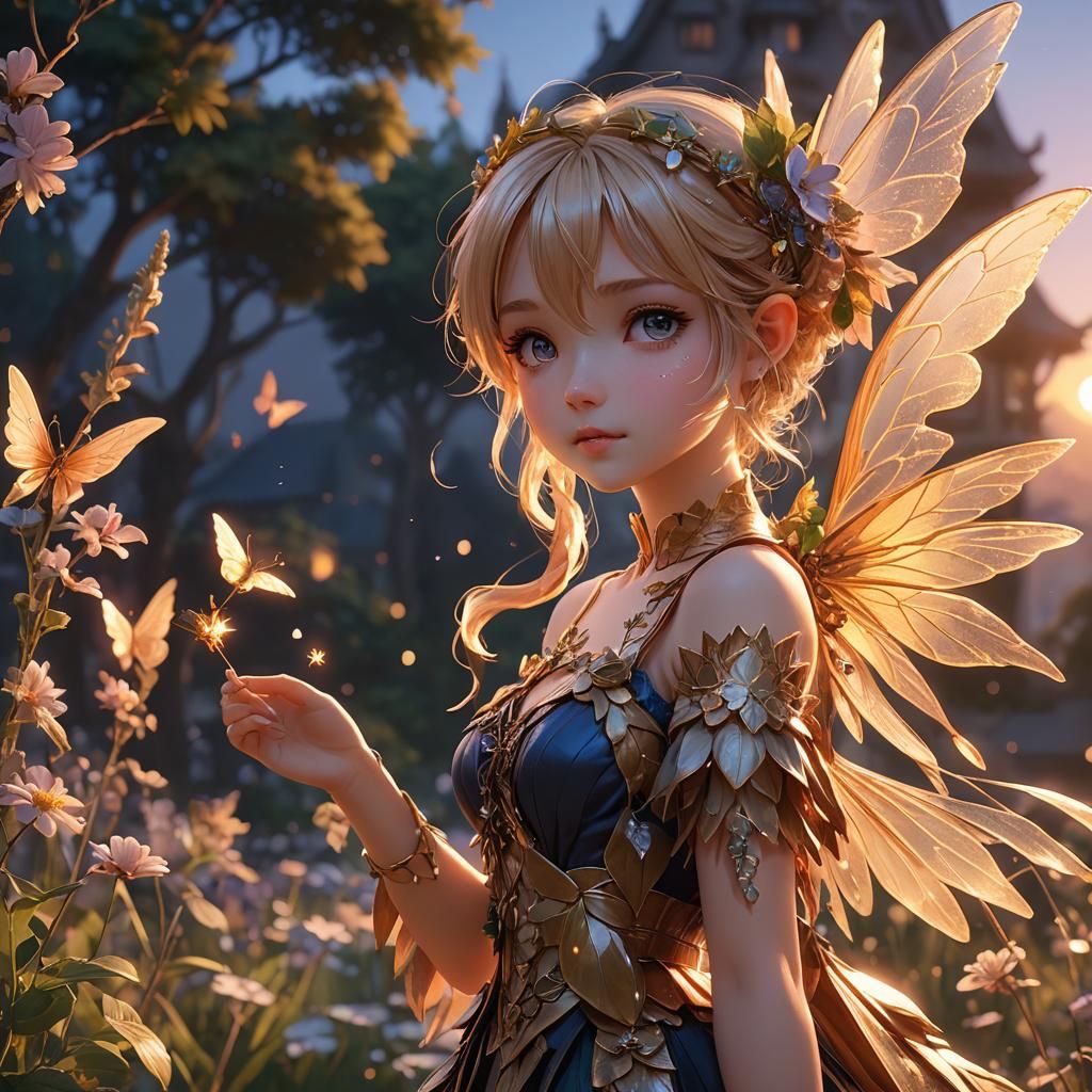 Anime Style Fairy at Sunset, 3D Render