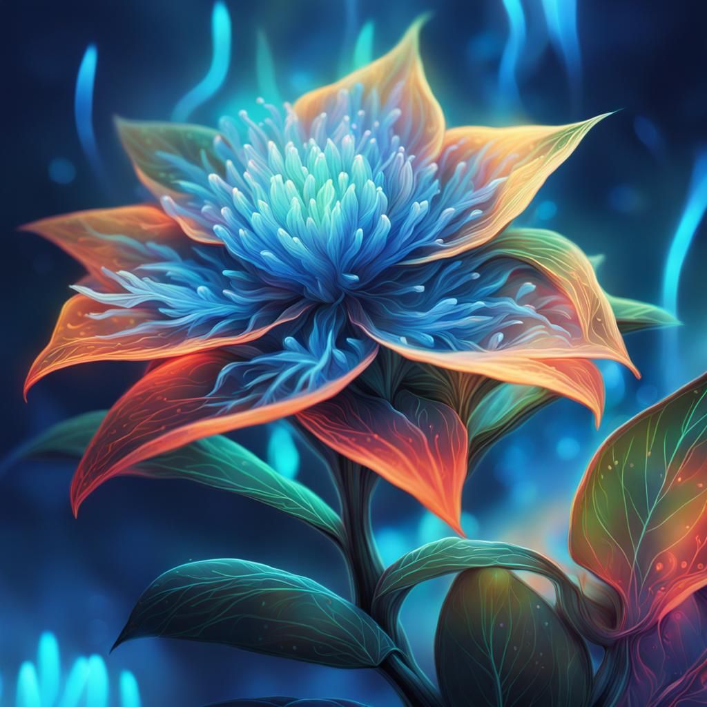 Blue Blossom Plant in Neon Fantasy Style