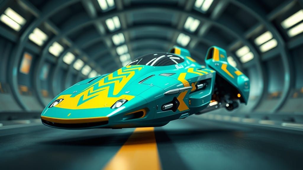 Teal and Yellow Flying Vehicle Tears Through Futuristic City...