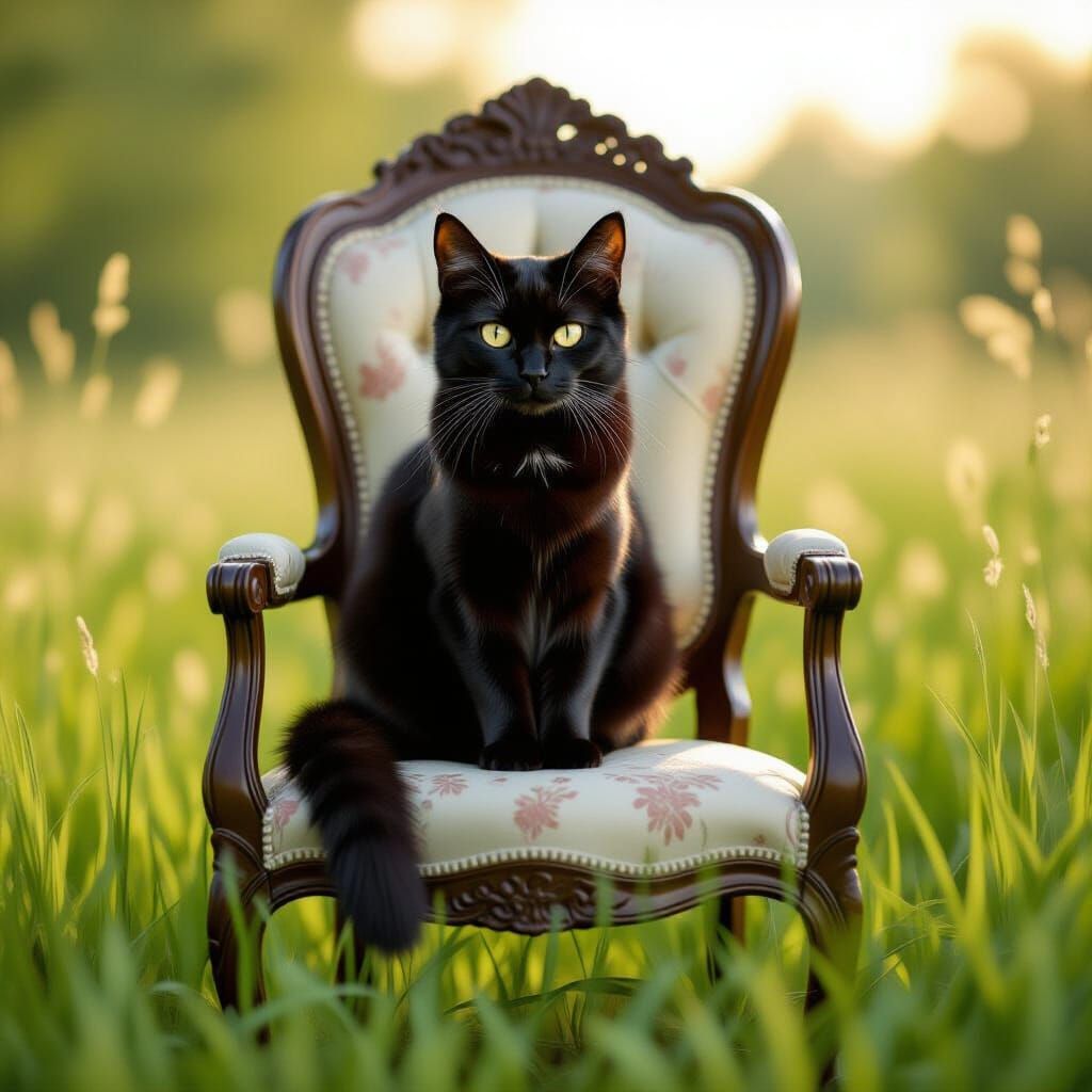 Black Cat with Gold Eyes on Antique Chair in Meadow