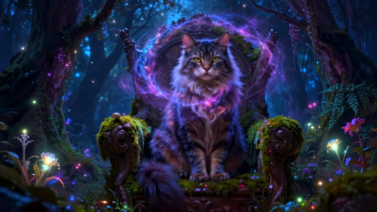 Ancient Nebula Cat on Throne in Bioluminescent Forest