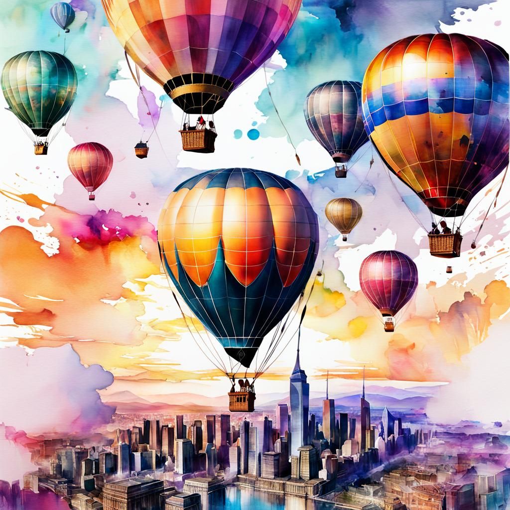Double exposure hot air balloons flying over city skyline Digital watercolor Illustration of a enchanted beautiful sunse...