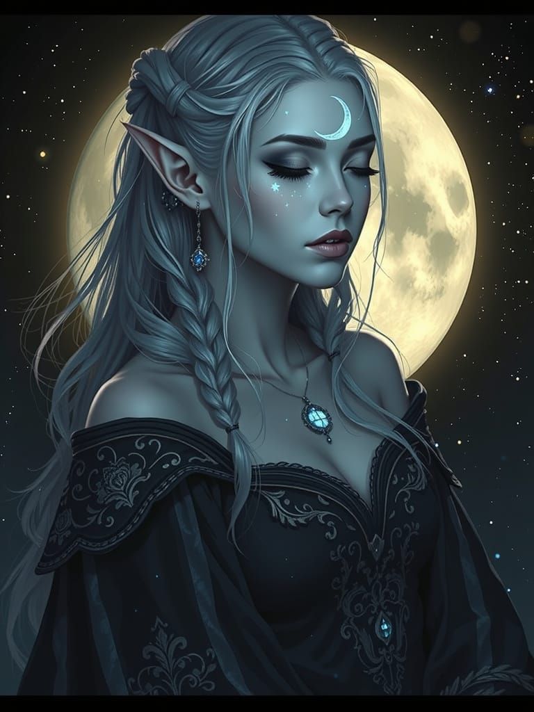 A mystical and serene fantasy portrait of an ethereal elf wo...
