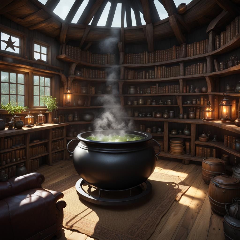 Cozy Witch's Hut with Bubbling Cauldron, Dark Fantasy Art