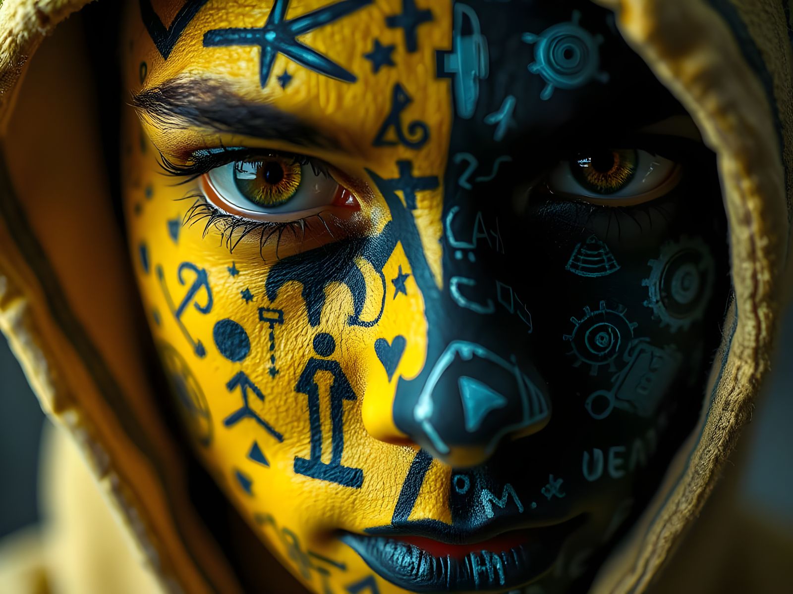 Intricate Face with Mechanical and Symbolic Details