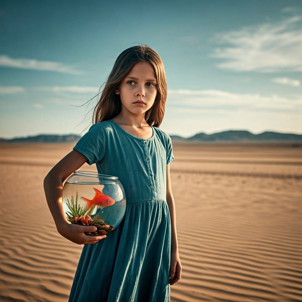 Serious Girl Admits Defeat in Desert Landscape