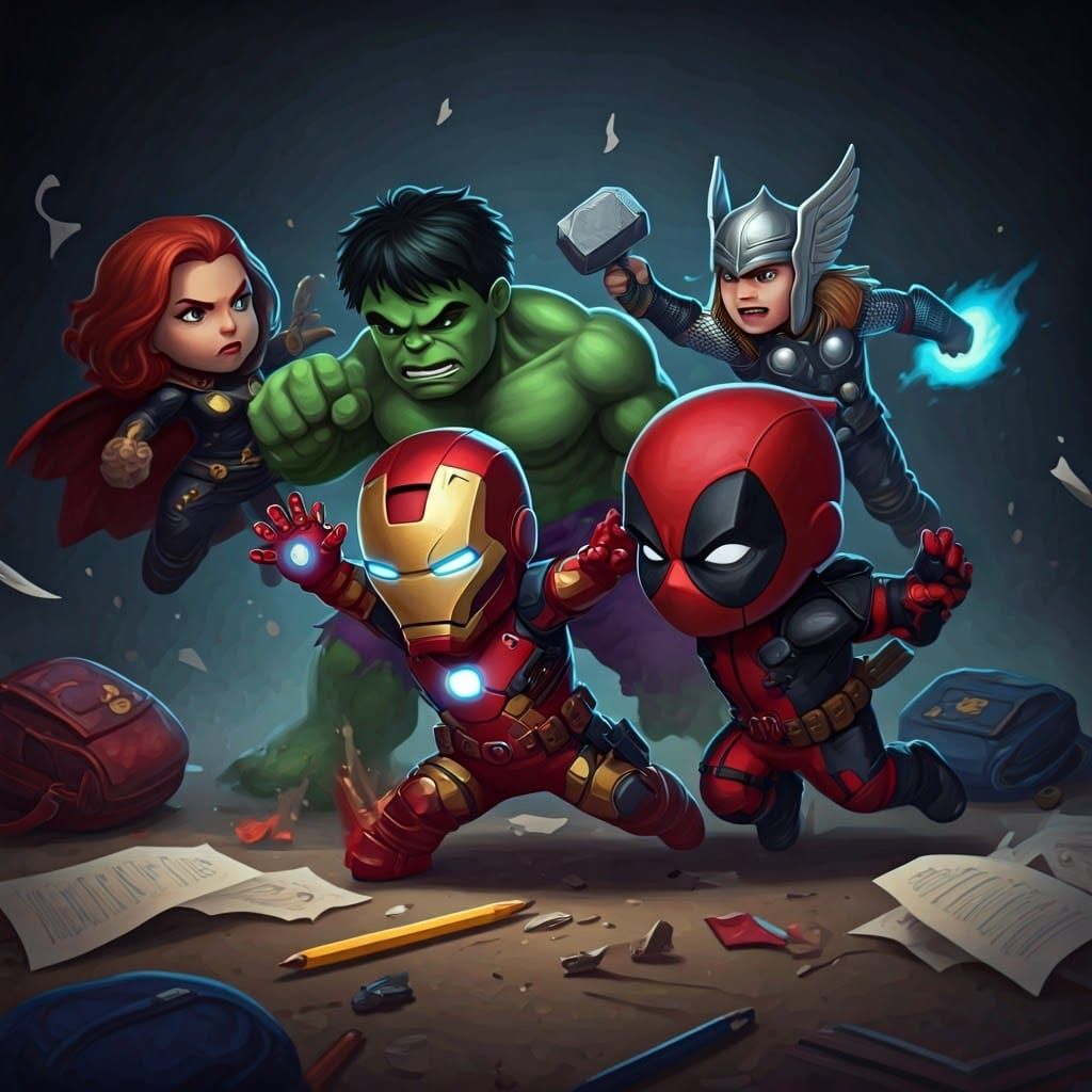 Marvel Superheroes as Children in a Vibrant Comic Book Style...