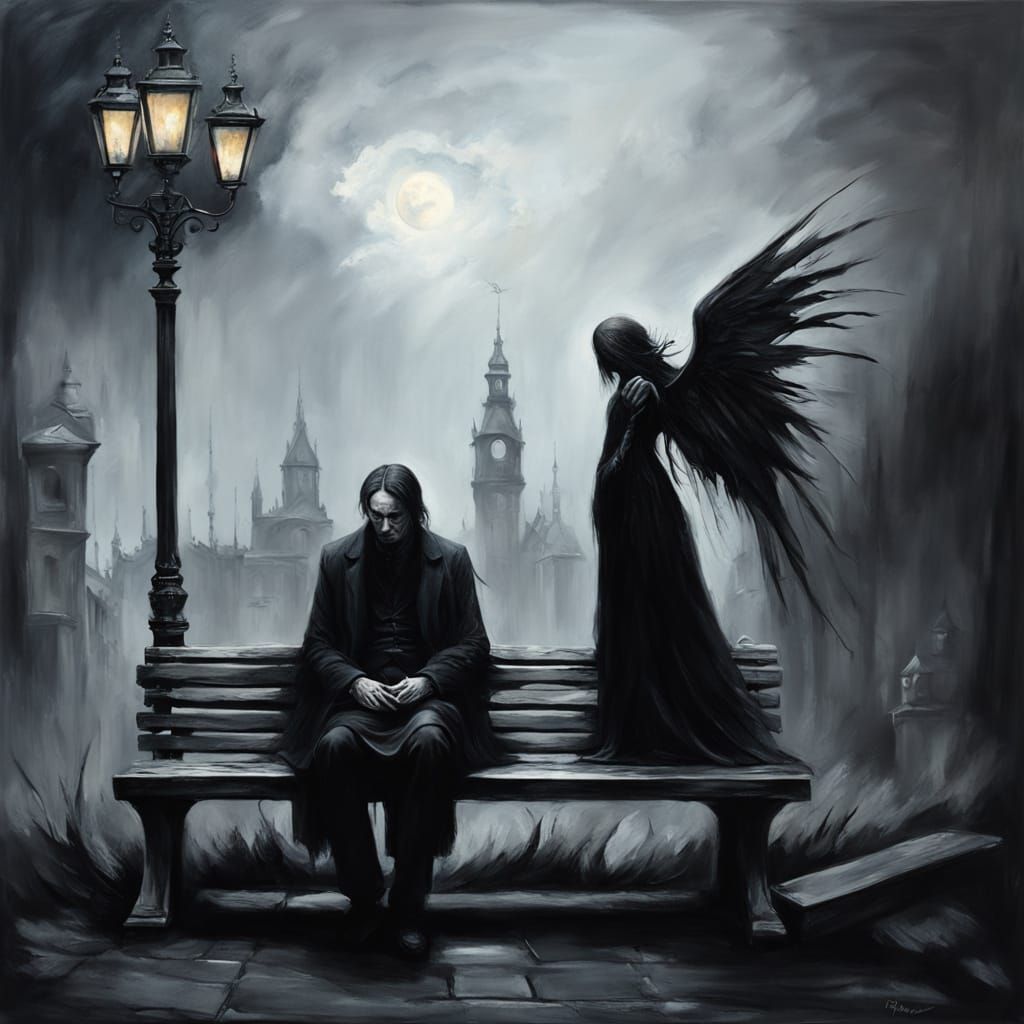 Gothic Angel of Sorrow in a Dark Cityscape
