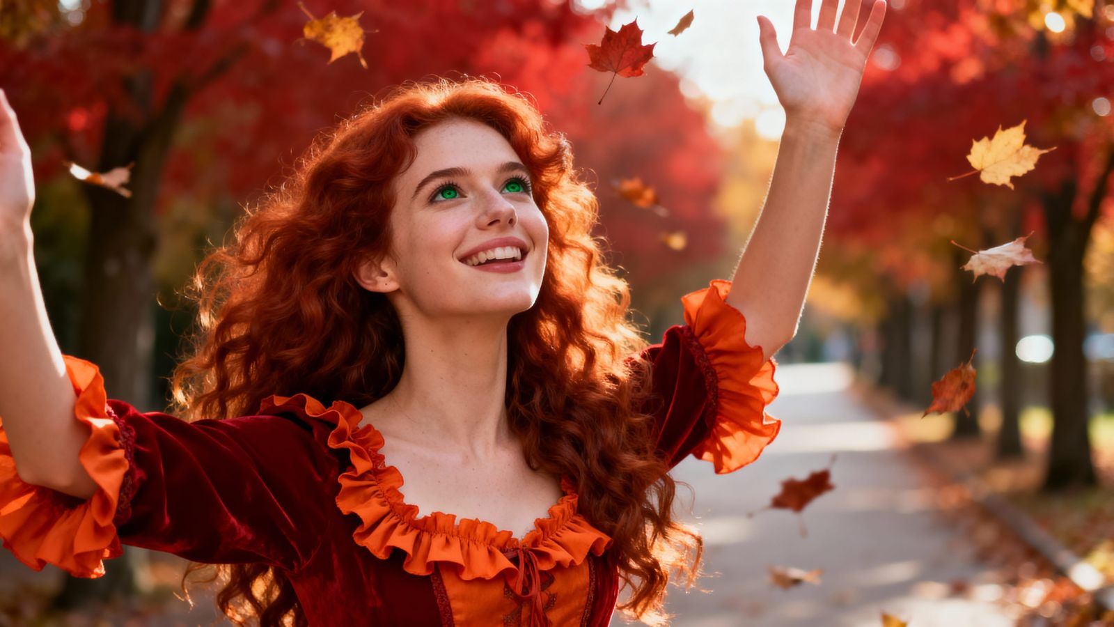 Red-Haired Woman in Autumn Alley, Golden Hour